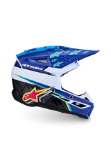 Alpinestars S-M3 Youth Falcon Motocross Helmet in blue and white with pink and fluo yellow accents, ECE 22.06 certified.