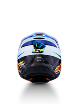 Alpinestars SM3 Youth Falcon Helmet, blue and white motocross gear, rear view with glossy graphics, ECE certified.
