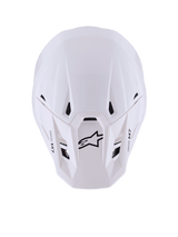 Alpinestars S-M7 Solid Helmet, Motocross Helmet, White Glossy, top-down view showing sleek aerodynamic shell, black intake vents, black Astar logo and M7 branding on the peak, high-performance off-road racing gear
