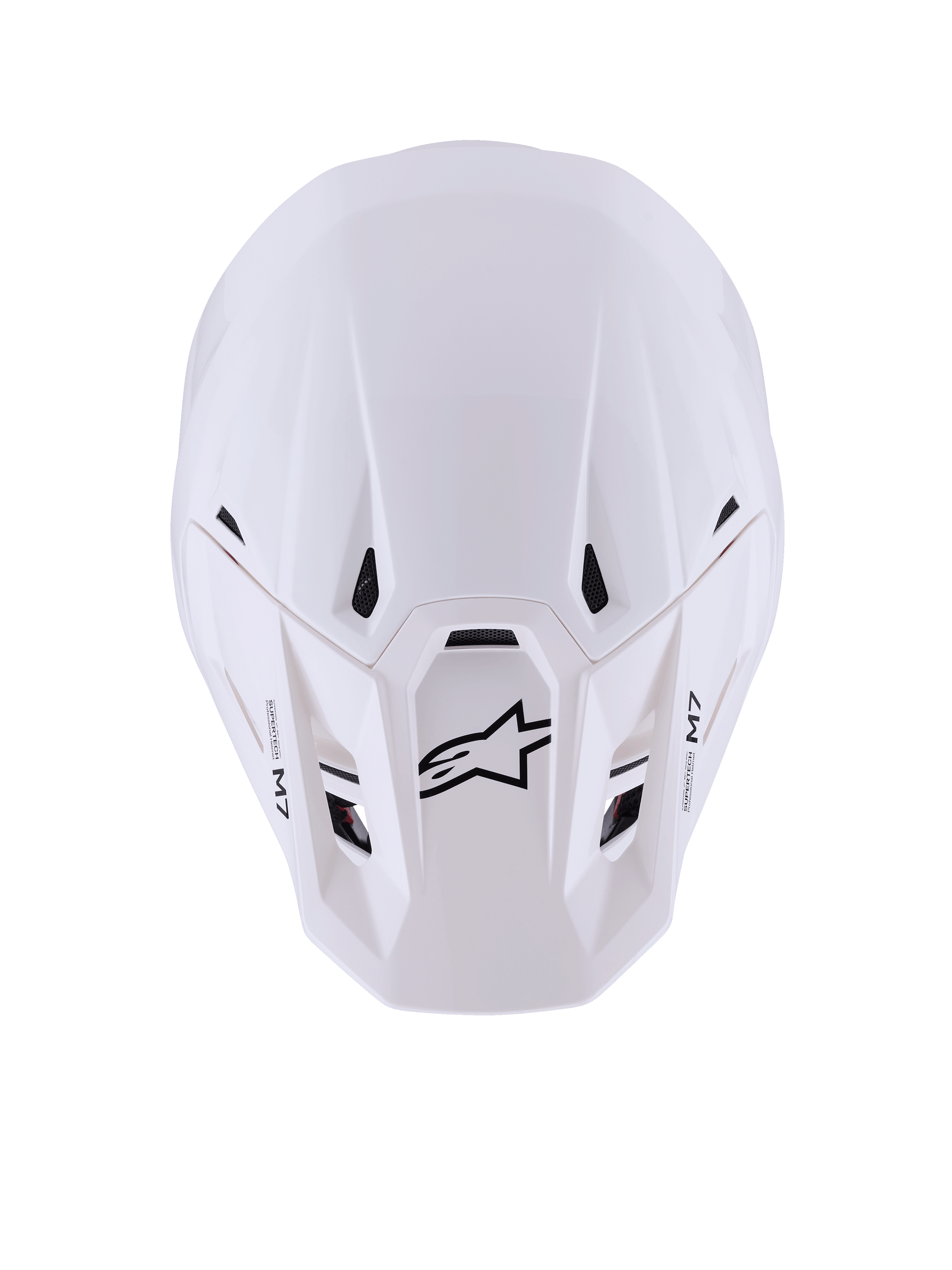 Alpinestars S-M7 Solid Helmet, Motocross Helmet, White Glossy, top-down view showing sleek aerodynamic shell, black intake vents, black Astar logo and M7 branding on the peak, high-performance off-road racing gear
