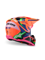 Alpinestars S-M3 Youth Deegan Helmet, Motocross Helmet, Vibrant Orange with Pink Navy Blue and Neon Green graphics, rear three-quarter view showing aerodynamic shell and ventilation ports, protective off-road gear for youth riders