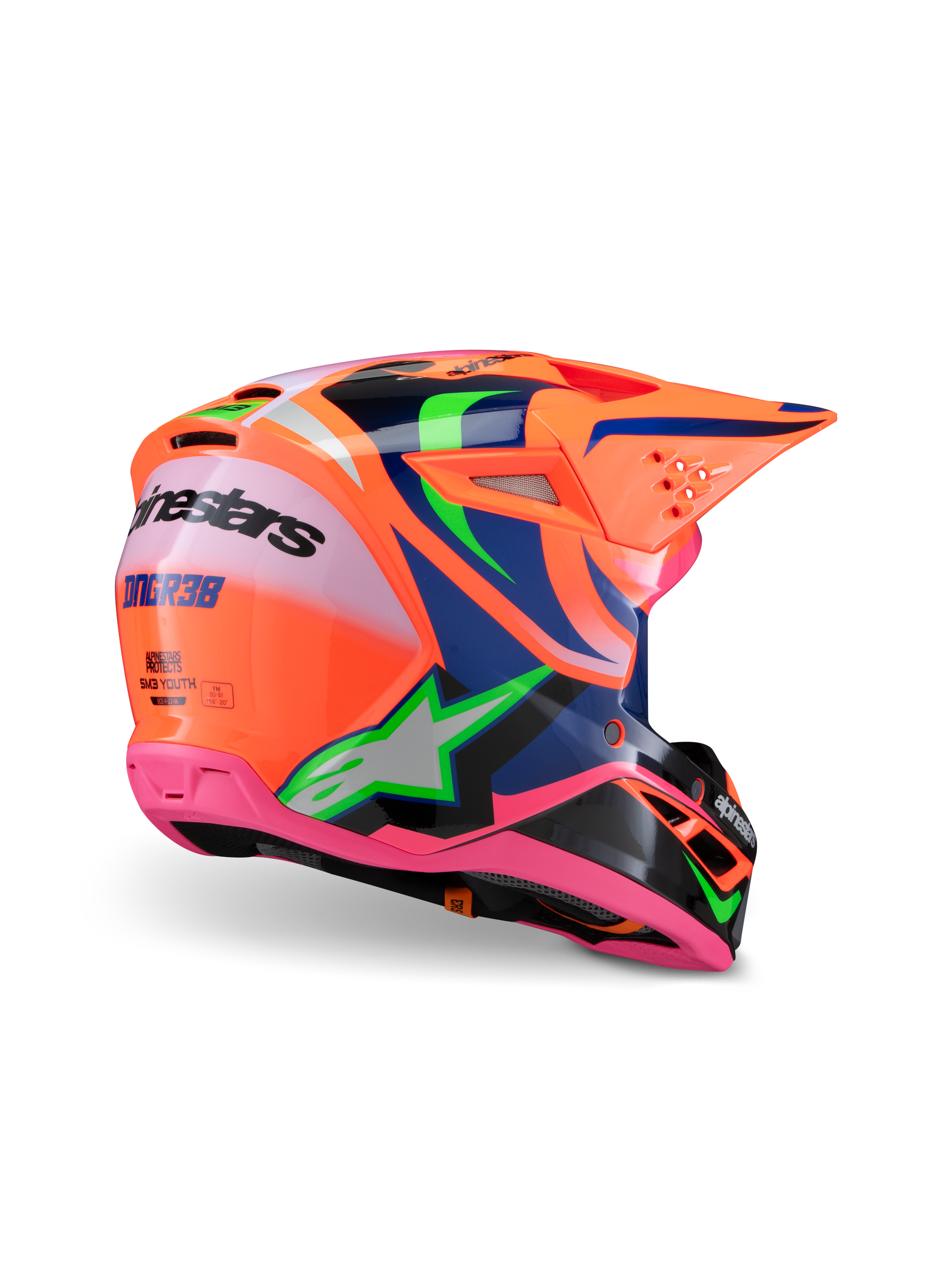Alpinestars S-M3 Youth Deegan Helmet, Motocross Helmet, Vibrant Orange with Pink Navy Blue and Neon Green graphics, rear three-quarter view showing aerodynamic shell and ventilation ports, protective off-road gear for youth riders