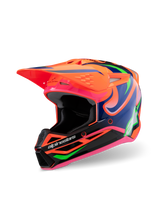 Alpinestars S-M3 Youth Deegan Helmet, Motocross Helmet, Orange Pink and Purple with Neon Green graphics, features bold Alpinestars branding, aerodynamic shell with large visor and ventilation ports, off-road protective gear for young riders