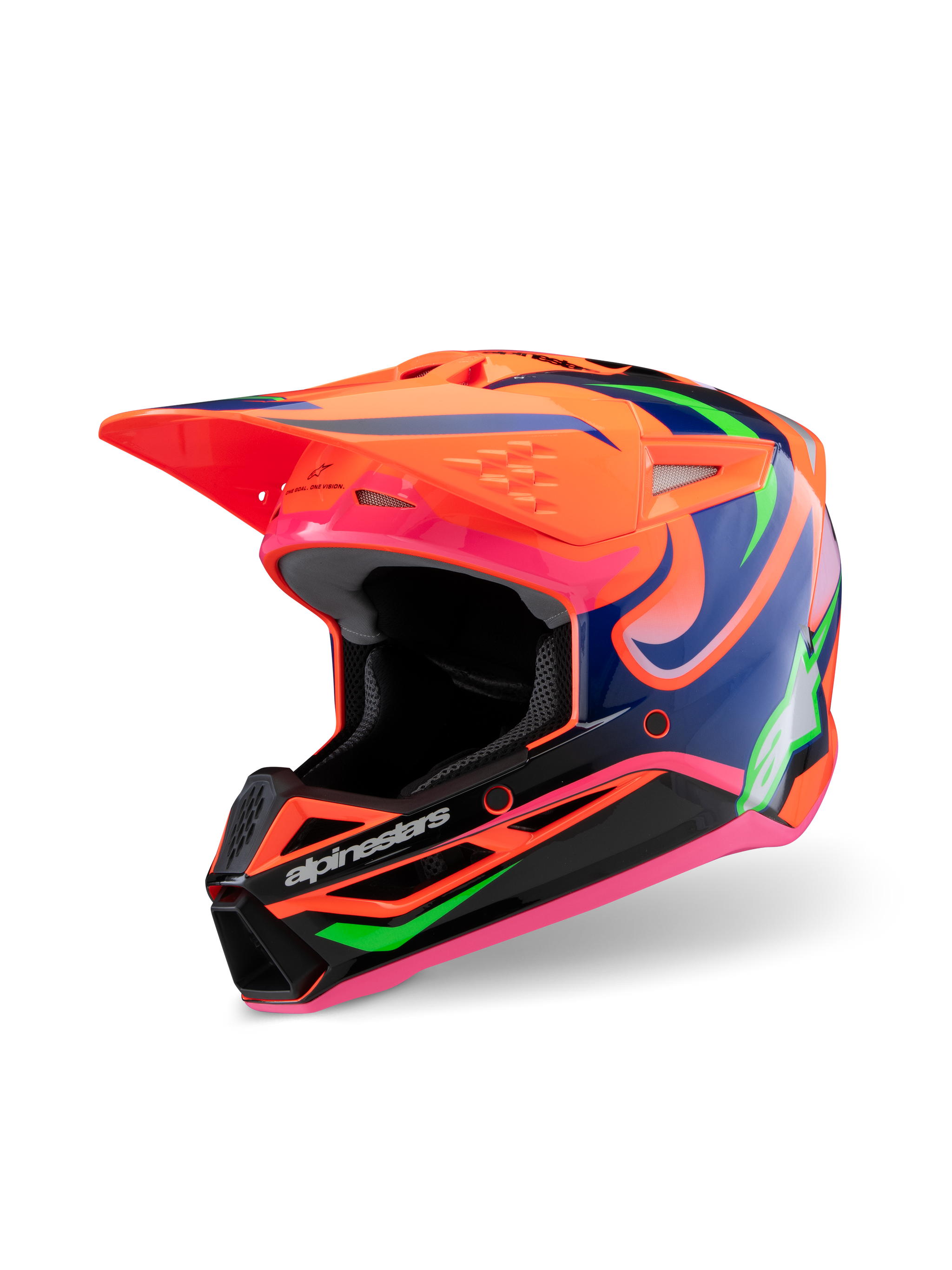 Alpinestars S-M3 Youth Deegan Helmet, Motocross Helmet, Orange Pink and Purple with Neon Green graphics, features bold Alpinestars branding, aerodynamic shell with large visor and ventilation ports, off-road protective gear for young riders