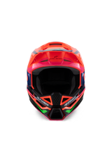 Alpinestars S-M3 Youth Deegan Helmet, Motocross Helmet, Vibrant Orange with Purple, Pink, and Fluorescent Green accents, front view showing the aerodynamic peak and chin guard with Alpinestars branding, aggressive design for youth off-road racing