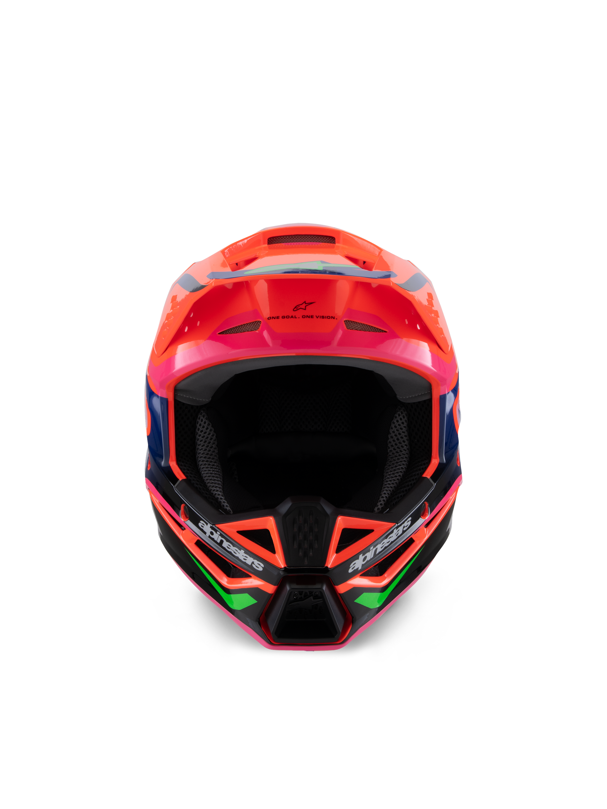 Alpinestars S-M3 Youth Deegan Helmet, Motocross Helmet, Vibrant Orange with Purple, Pink, and Fluorescent Green accents, front view showing the aerodynamic peak and chin guard with Alpinestars branding, aggressive design for youth off-road racing