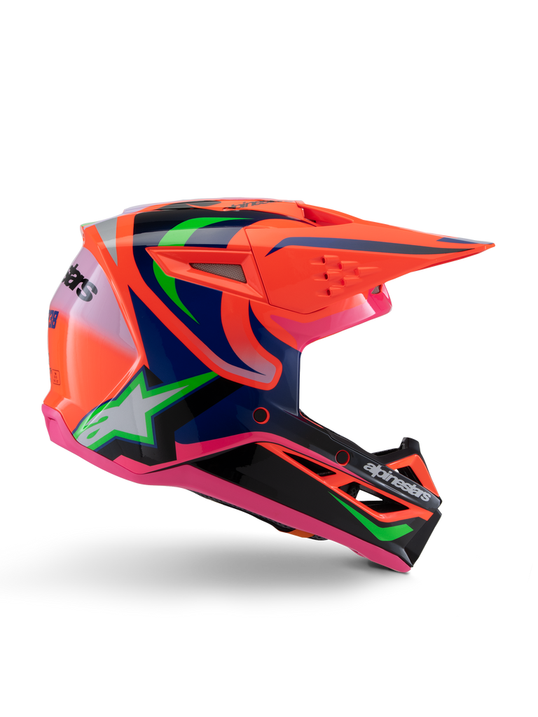Alpinestars S-M3 Youth Deegan Helmet, Motocross Helmet, Orange Pink Green and Navy Blue, ECE 22.06 Certified, Youth Size, Glossy Finish with Star Graphics, Aerodynamic Visor and Ventilation Ports