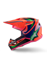 Alpinestars S-M3 Youth Deegan Helmet, Motocross Helmet, vibrant Orange with Purple and Pink graphics, Lime Green accents, side profile showing the aerodynamic visor and integrated ventilation ports.