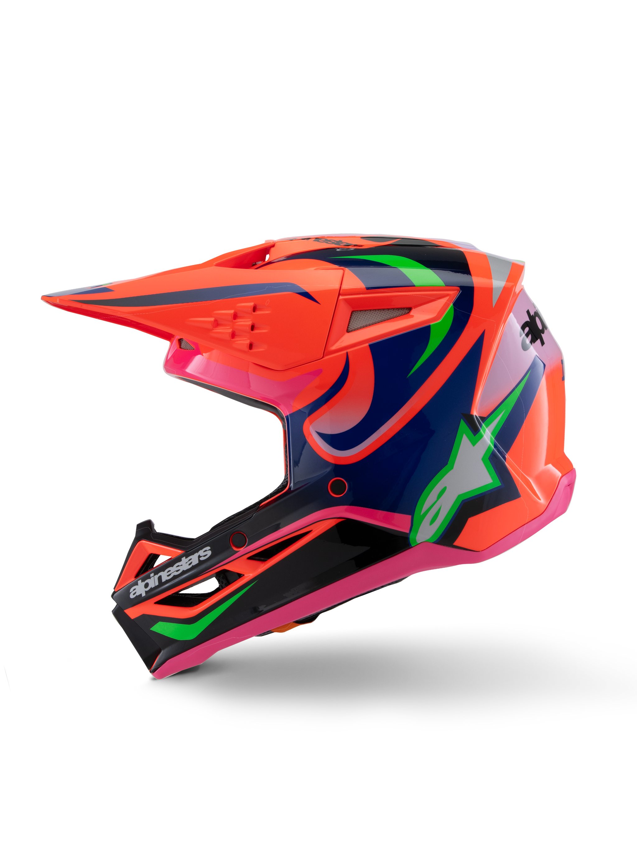 Alpinestars S-M3 Youth Deegan Helmet, Motocross Helmet, vibrant Orange with Purple and Pink graphics, Lime Green accents, side profile showing the aerodynamic visor and integrated ventilation ports.