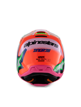 Alpinestars S-M3 Youth Deegan Helmet, Rear View, Vibrant Orange and Pink with Purple and Green Accents, Featuring DNGR38 and Alpinestars Branding, High-Performance Youth Motocross and Off-Road Protection