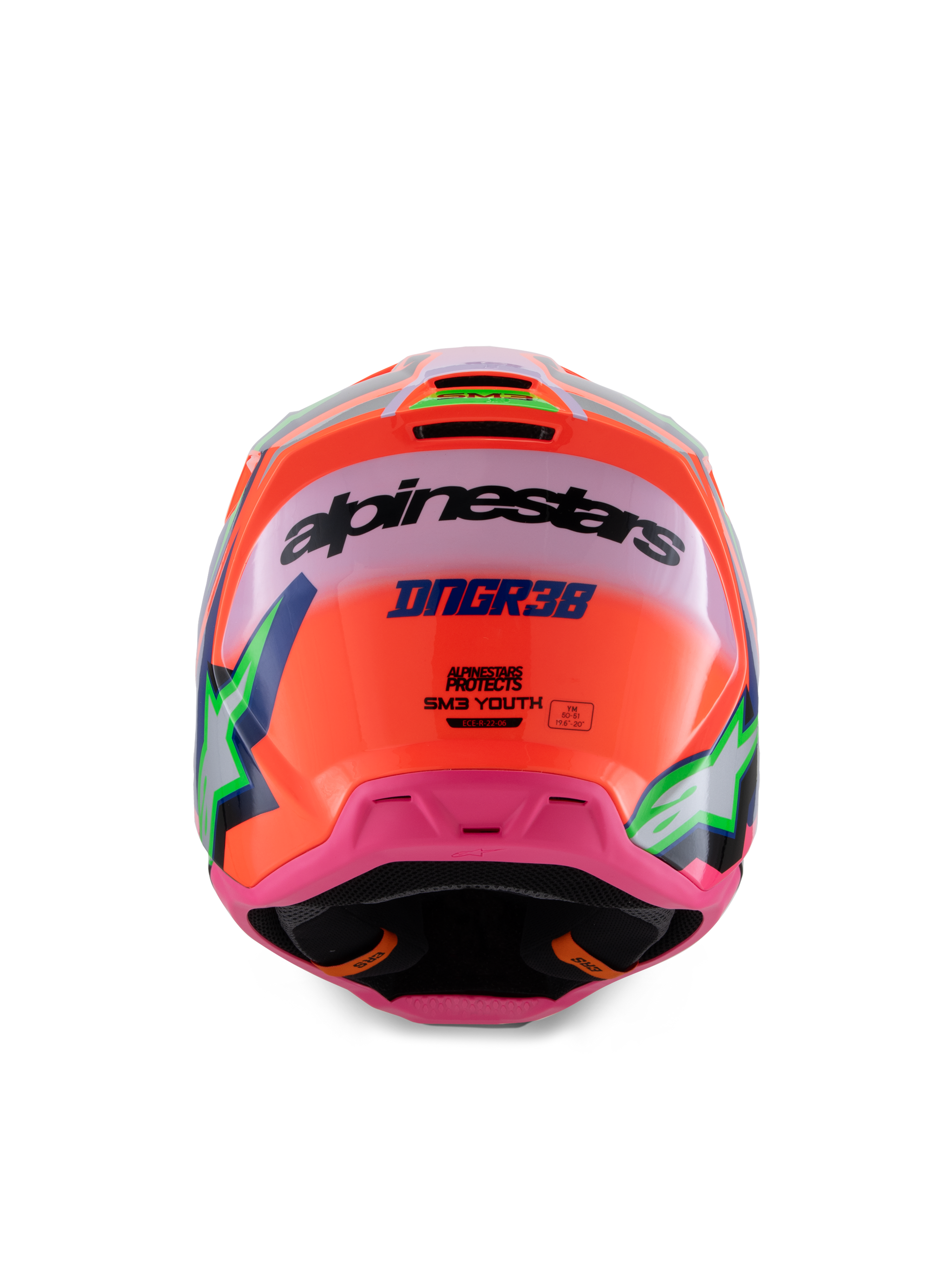 Alpinestars S-M3 Youth Deegan Helmet, Rear View, Vibrant Orange and Pink with Purple and Green Accents, Featuring DNGR38 and Alpinestars Branding, High-Performance Youth Motocross and Off-Road Protection