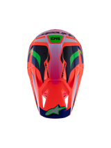 Alpinestars S-M3 Youth Deegan Helmet, top-down view of motocross helmet, vibrant orange with purple, pink fluo, and green accents, featuring SM3 branding and Alpinestars logo on the visor, aerodynamic shell with ventilation ports for youth off-road racing
