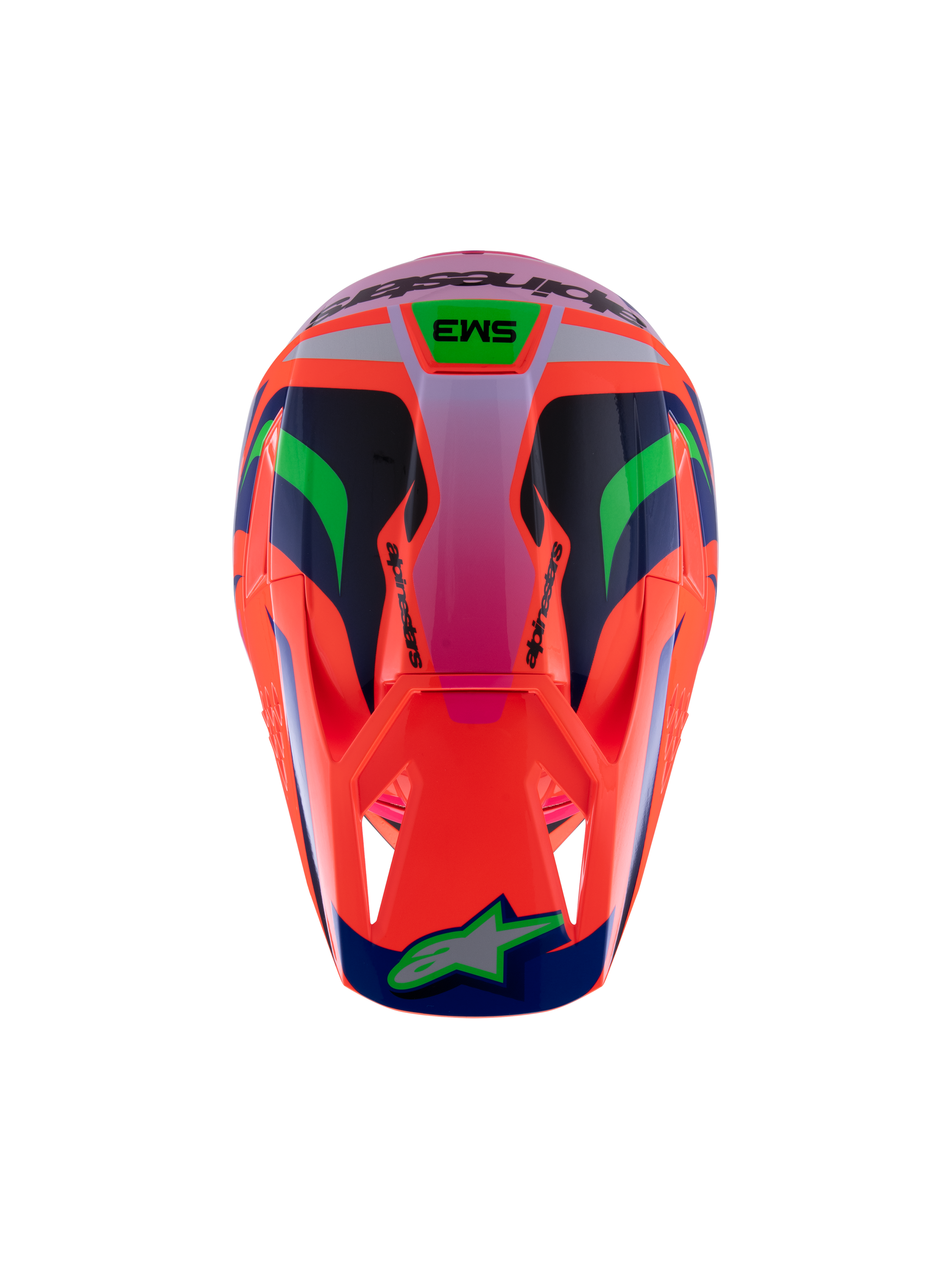 Alpinestars S-M3 Youth Deegan Helmet, top-down view of motocross helmet, vibrant orange with purple, pink fluo, and green accents, featuring SM3 branding and Alpinestars logo on the visor, aerodynamic shell with ventilation ports for youth off-road racing