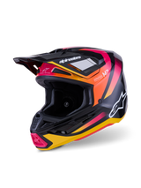 Alpinestars S-M7 Rise Helmet, Motocross Helmet, Black Yellow and Pink Glossy, featuring an aerodynamic composite shell with vibrant gradient graphics, white Alpinestars logos, and multiple ventilation ports for off-road racing.