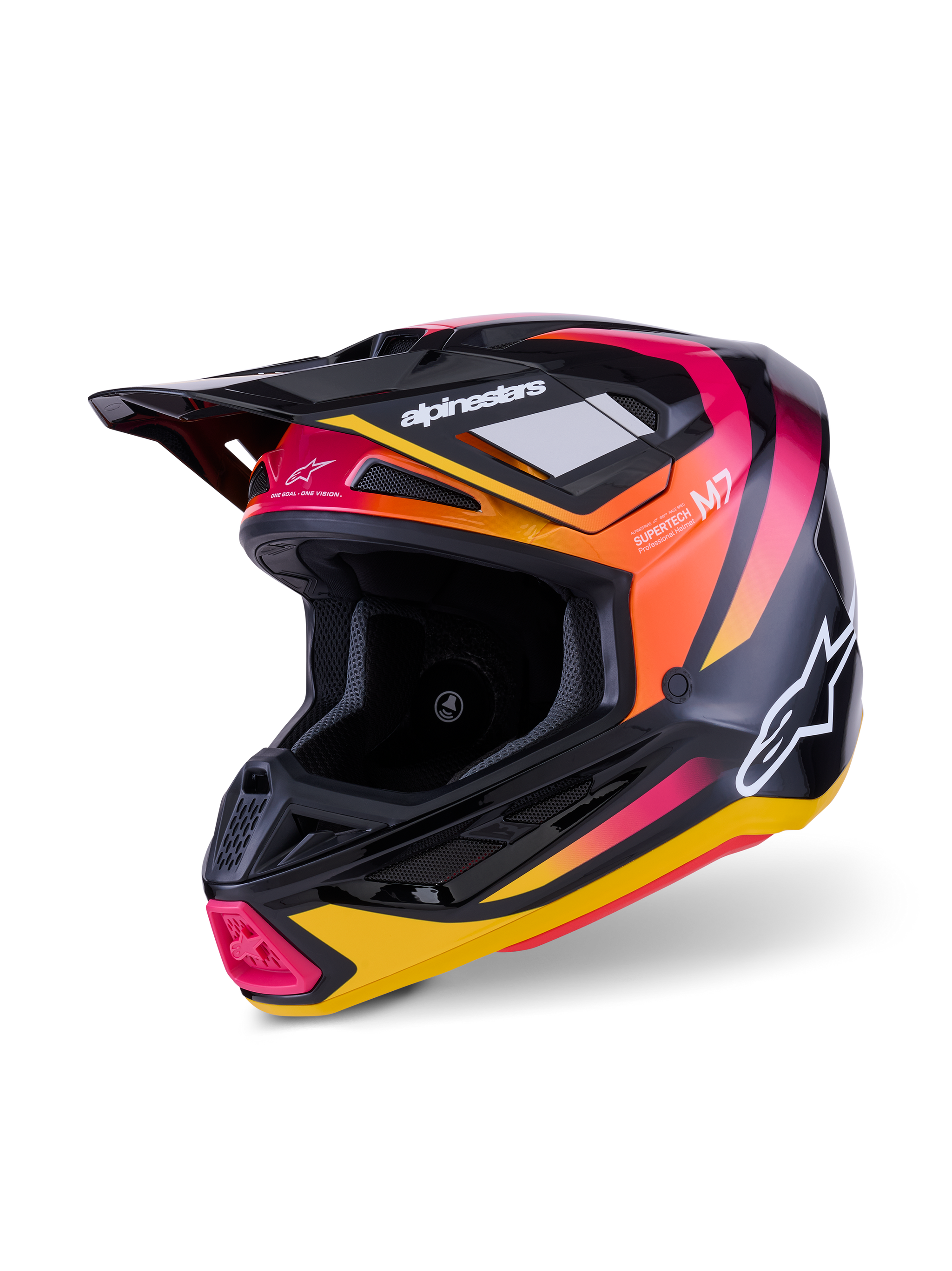 Alpinestars S-M7 Rise Helmet, Motocross Helmet, Black Yellow and Pink Glossy, featuring an aerodynamic composite shell with vibrant gradient graphics, white Alpinestars logos, and multiple ventilation ports for off-road racing.