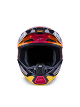Alpinestars S-M7 Rise Helmet ECE 22.06, Motocross Helmet, Black Yellow and Pink Glossy with orange gradients, front-facing view showing aerodynamic composite shell, multiple intake vents with mesh, and 'One Goal. One Vision.' branding, designed for off-road racing.