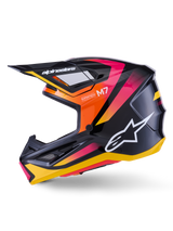 Alpinestars S-M7 Rise Helmet, Motocross Helmet, Black Yellow and Pink Glossy, side profile showing vibrant orange and pink gradient accents, white Alpinestars logo, sleek aerodynamic design with a black visor, professional head protection for off-road racing