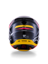 Alpinestars S-M7 Rise Helmet ECE 22.06, Motocross Helmet, Rear View, Glossy Black with Yellow and Pink accents, large white logos on sides, aerodynamic composite shell, off-road racing gear