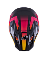 Alpinestars S-M7 Rise Helmet ECE 22.06, Motocross Helmet, Black Pink and Yellow Glossy, top-down view showing aerodynamic composite shell, vibrant gradient design, ventilation ports, and white Alpinestars logo on the front