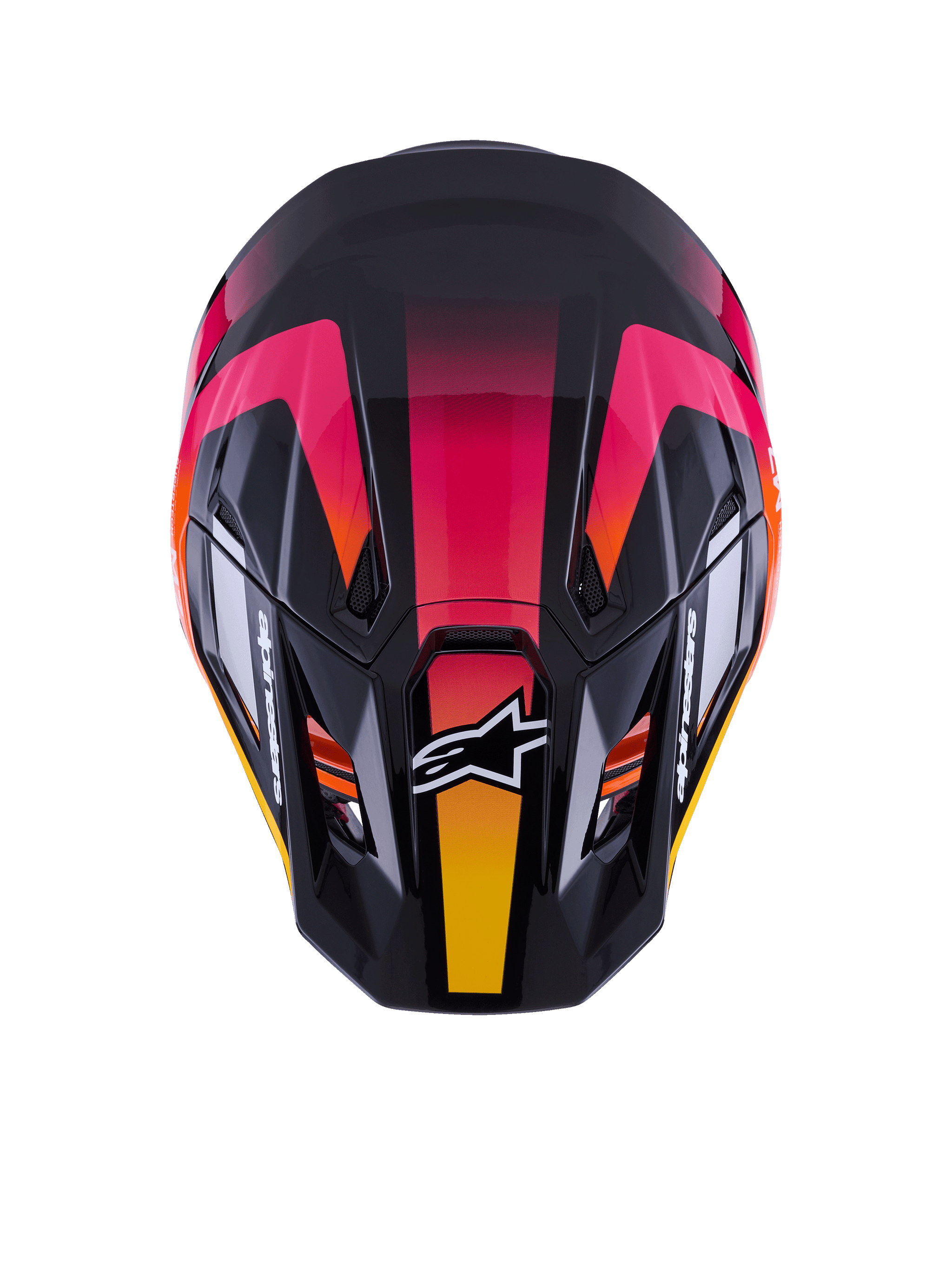 Alpinestars S-M7 Rise Helmet ECE 22.06, Motocross Helmet, Black Pink and Yellow Glossy, top-down view showing aerodynamic composite shell, vibrant gradient design, ventilation ports, and white Alpinestars logo on the front