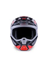 Alpinestars S-M7 Rise Helmet, Motocross Helmet, Black Silver and Red Fluo Glossy, front-facing view showing aerodynamic composite shell, multiple intake vents, and large eye port, engineered for off-road racing protection.
