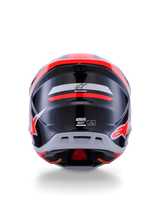 Alpinestars S-M7 Rise Helmet ECE 22.06, Motocross Helmet, Rear View, Black Silver and Red Fluo Glossy, featuring Alpinestars logo and S-M7 branding, glossy finish with aerodynamic shell and ventilation details