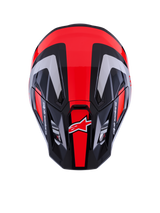 Alpinestars S-M7 Rise Helmet ECE 22.06, Motocross Helmet, Black Silver and Red Fluo Glossy, top-down view showing aerodynamic shell with ventilation ports, featuring red fluorescent stripes and Alpinestars branding, professional gear for off-road racing