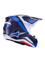 Alpinestars S-M7 Rise Helmet, Motocross Helmet, Blue White Glossy, navy and bright blue graphics with white accents, Alpinestars logos on the side and back, aerodynamic shell design with ventilation ports, professional off-road racing gear