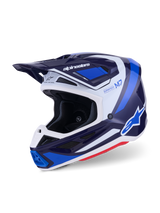 Alpinestars S-M7 Rise Motocross Helmet, Blue White Glossy, three-quarter view showing aerodynamic shell with integrated visor and multiple ventilation ports, featuring white and blue graphic accents and bold branding, high-performance off-road racing gear