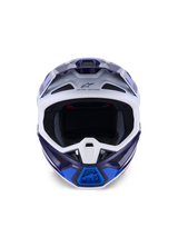 Alpinestars S-M7 Rise Helmet, Blue White Glossy, front-facing view, off-road motocross helmet featuring multiple ventilation ports, Astars logo on forehead, aerodynamic composite shell design