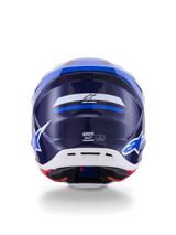 Alpinestars S-M7 Rise Helmet, Back View, Blue and White Glossy, featuring Alpinestars logo and SM7 branding, aerodynamic composite shell with white lower section and ventilation ports, high-performance motocross head protection