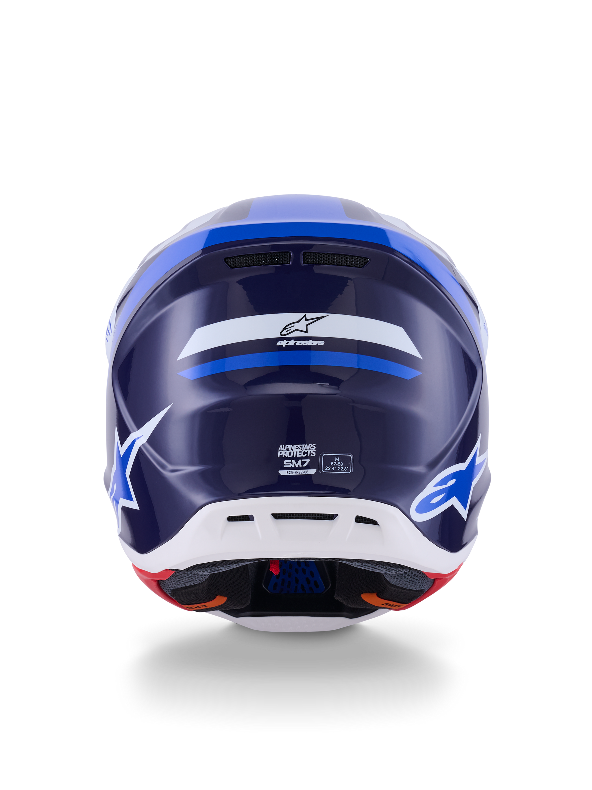 Alpinestars S-M7 Rise Helmet, Back View, Blue and White Glossy, featuring Alpinestars logo and SM7 branding, aerodynamic composite shell with white lower section and ventilation ports, high-performance motocross head protection
