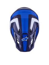 Alpinestars S-M7 Rise Helmet, Motocross Helmet, Blue White Glossy, top-down view showing aerodynamic shell and ventilation ports, featuring white and dark blue angular graphics with bold branding
