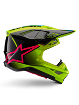 Alpinestars Supertech M10 Unite Helmet, Motocross Racing Helmet, Yellow Fluo and Black with Diva Pink Star Graphics, glossy aerodynamic design with multiple ventilation ports, ECE 22.06 certified