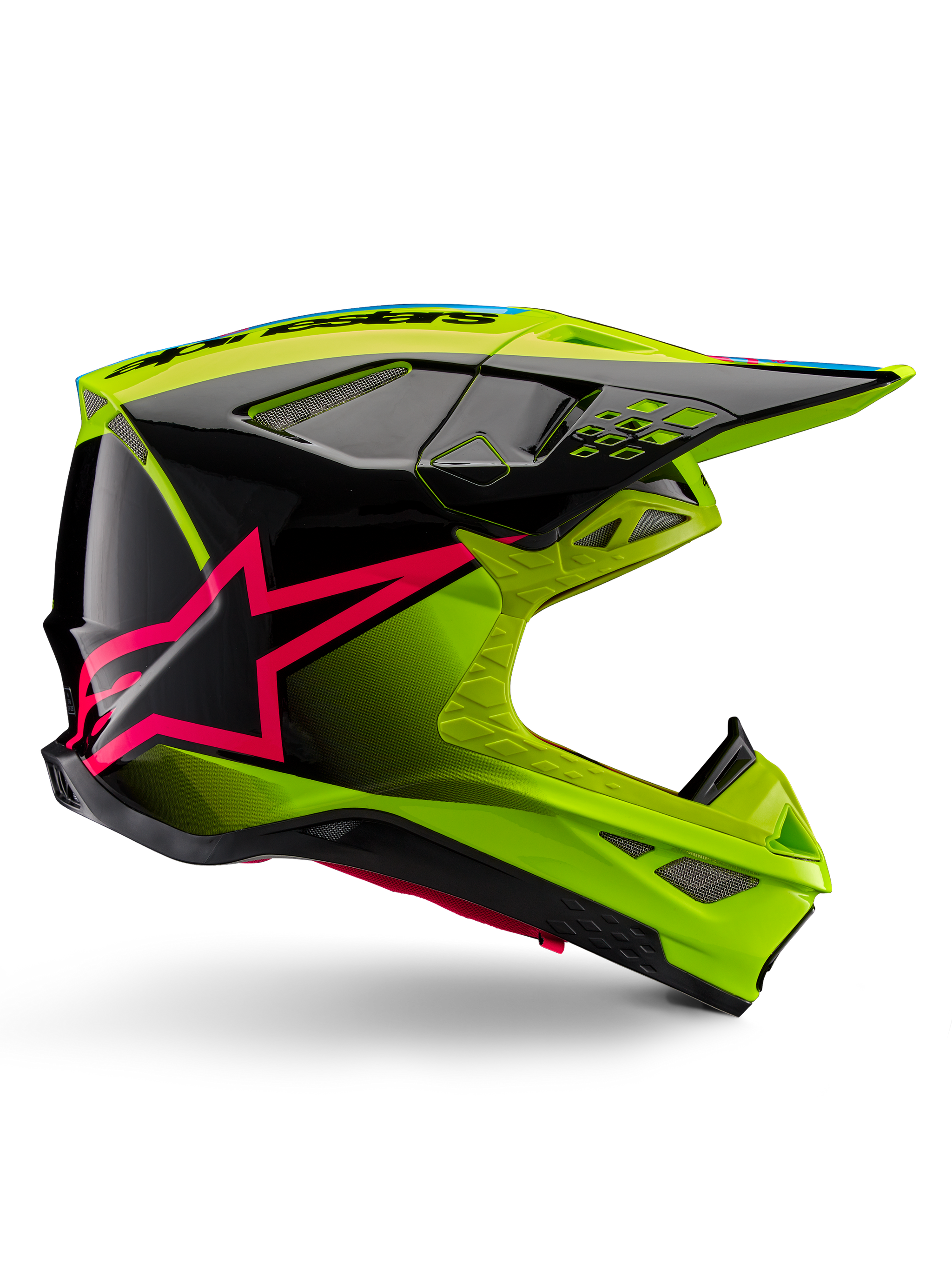 Alpinestars Supertech M10 Unite Helmet, Motocross Racing Helmet, Yellow Fluo and Black with Diva Pink Star Graphics, glossy aerodynamic design with multiple ventilation ports, ECE 22.06 certified