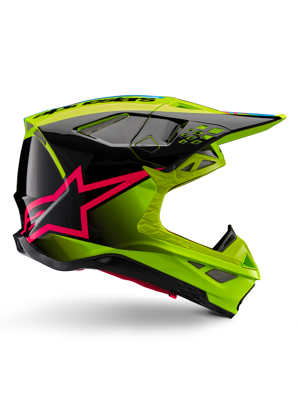 Alpinestars Supertech M10 Unite Helmet, Motocross Racing Helmet, Yellow Fluo and Black with Diva Pink Star Graphics, glossy aerodynamic design with multiple ventilation ports, ECE 22.06 certified