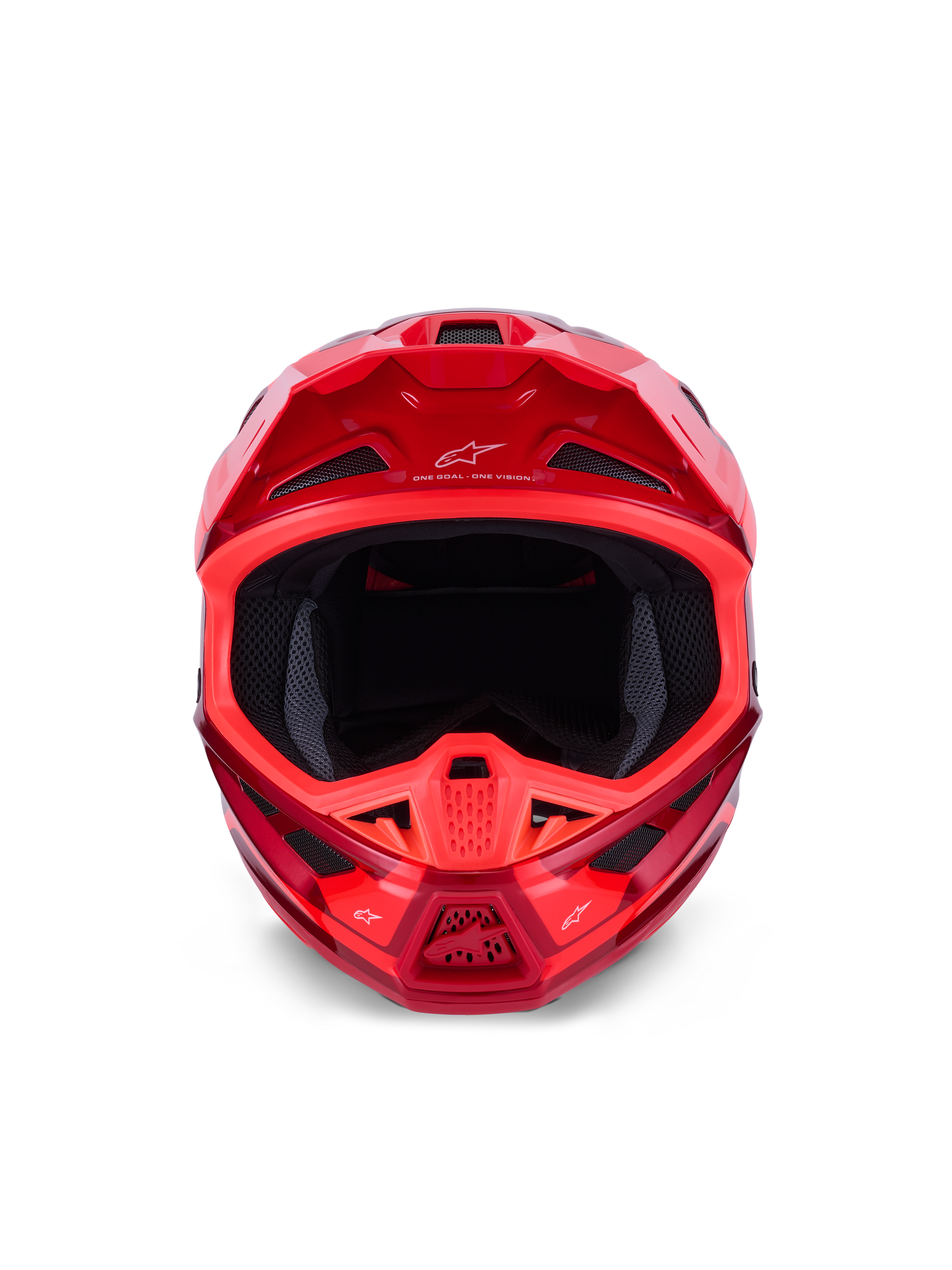 Alpinestars S-M7 Core Helmet, Motocross Helmet, Red Glossy, Front view showing multiple intake vents and aerodynamic design, Astars branding on visor and chin bar, professional off-road racing gear