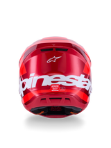 Alpinestars S-M7 Core Helmet, Red Glossy, Rear view with large white Alpinestars branding, aerodynamic shell with integrated ventilation ports, professional motocross head protection