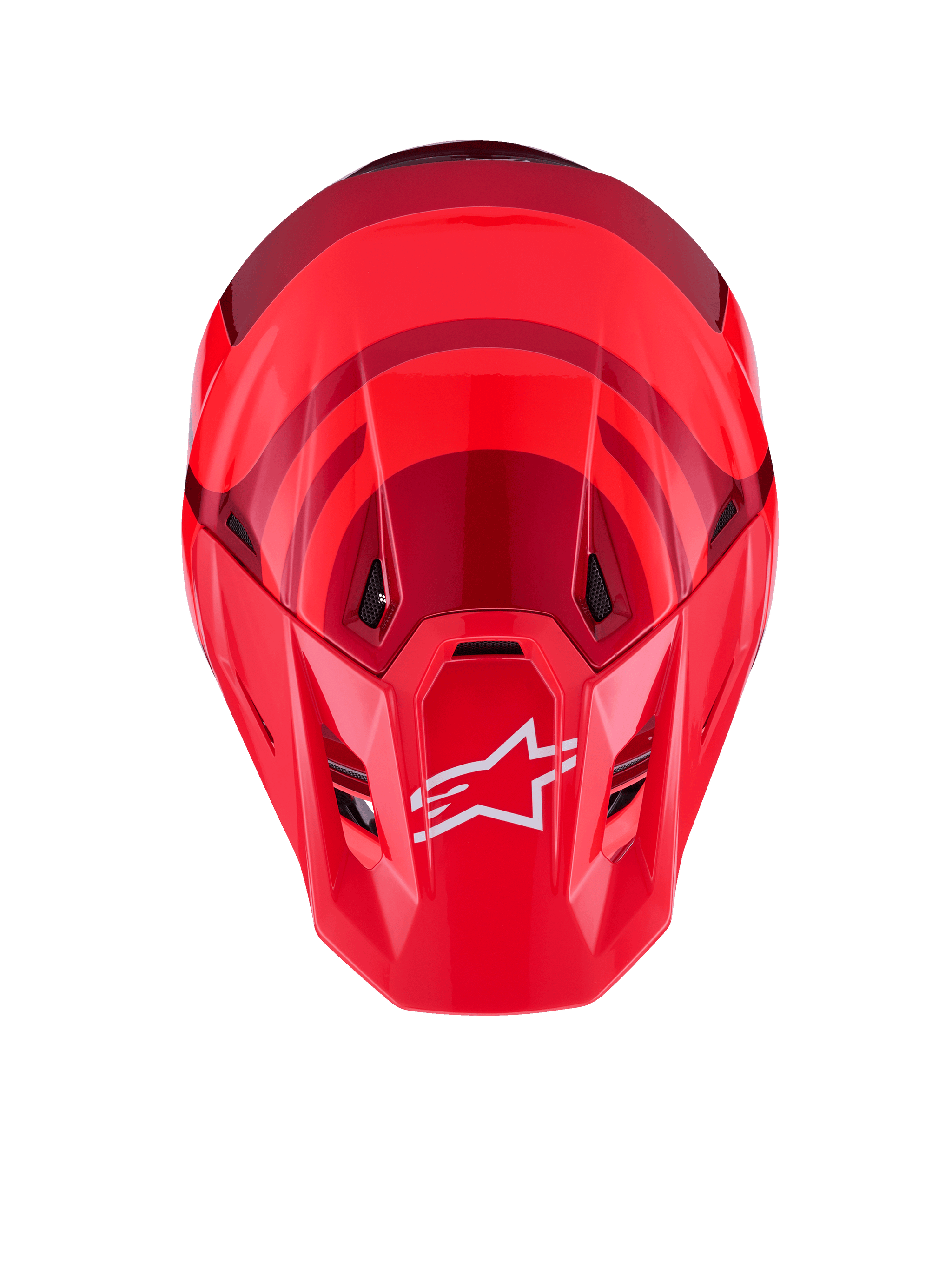 Alpinestars S-M7 Core Helmet, Red Glossy, top-down view featuring aerodynamic shell with darker red accents, white A-star logo on the visor, integrated ventilation ports, high-performance motocross protective gear