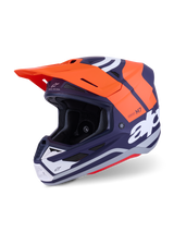 Alpinestars S-M7 Core Helmet ECE 22.06, Motocross Helmet, Orange and Navy Blue Matt, featuring bold white branding, aerodynamic shell with integrated ventilation, orange visor, and professional-grade construction for off-road racing.