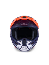 Alpinestars S-M7 Core Helmet, Motocross Helmet, Orange and Blue Matt, frontal view with white accents on the chin guard, featuring "One Goal - One Vision" branding, aerodynamic shell for off-road racing