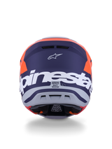 Alpinestars S-M7 Core Helmet ECE 22.06, Motocross Helmet, Orange and Blue Matt, rear view featuring large white Alpinestars branding and Astars logo, sleek aerodynamic design with integrated exhaust ports, professional-grade off-road protection