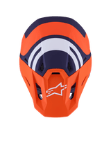 Alpinestars S-M7 Core Helmet ECE 22.06, Motocross Helmet, Orange and Blue Matt, top-down view showing navy blue and white geometric graphics, white Alpinestars logo on orange visor, aerodynamic shell design for off-road racing