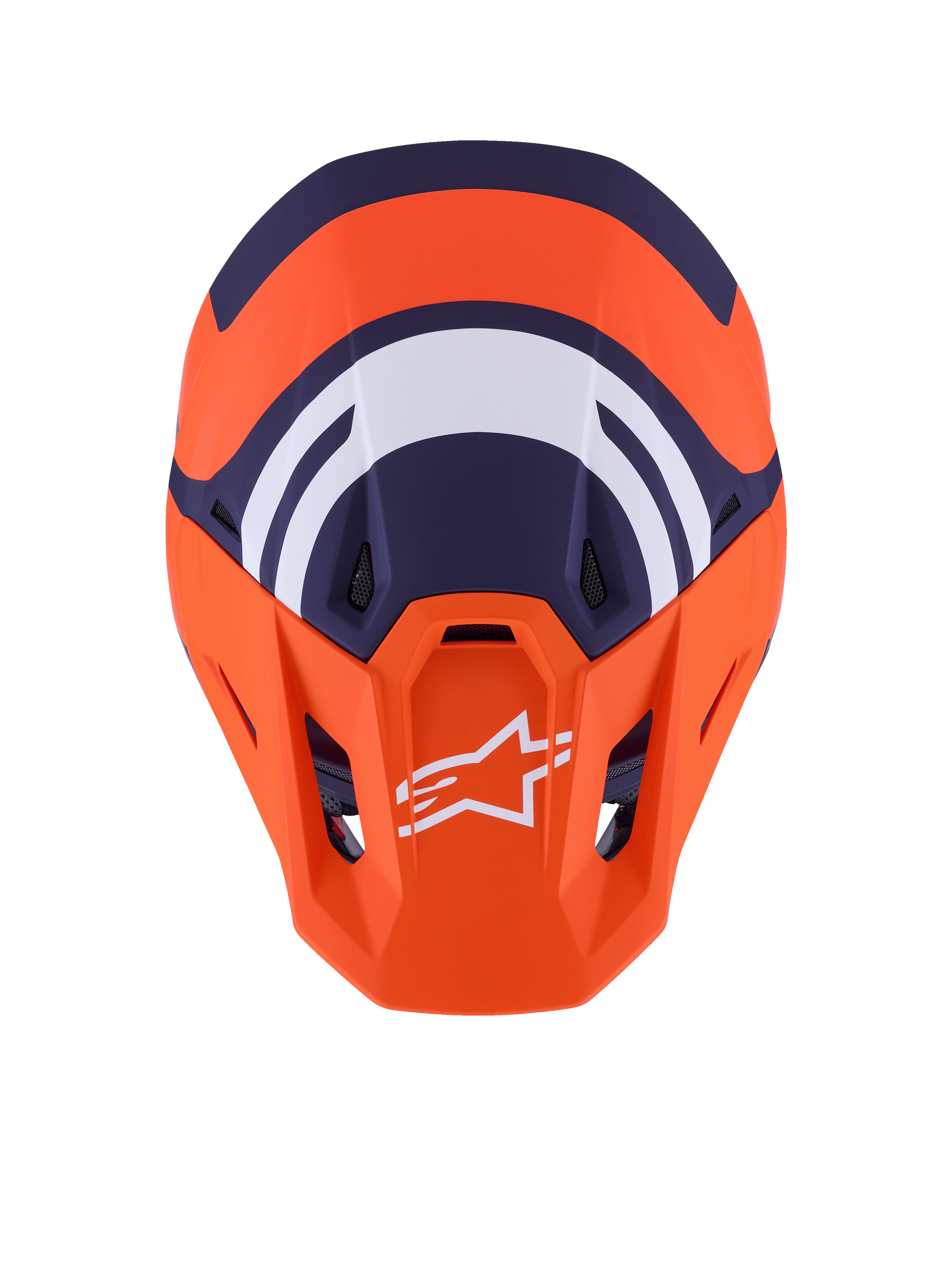 Alpinestars S-M7 Core Helmet ECE 22.06, Motocross Helmet, Orange and Blue Matt, top-down view showing navy blue and white geometric graphics, white Alpinestars logo on orange visor, aerodynamic shell design for off-road racing
