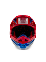 Alpinestars Supertech M10 Aeon ECE 22.06 Helmet, Motocross Helmet, Bright Red Blue Glossy, front-facing view featuring an aerodynamic shell, ventilated chin bar, and red interior padding, bold glossy finish for off-road racing.