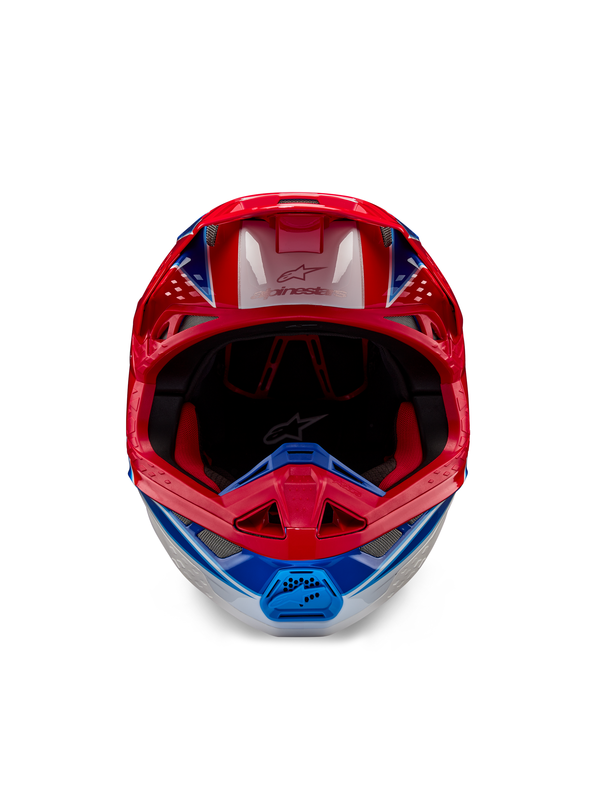 Alpinestars Supertech M10 Aeon ECE 22.06 Helmet, Motocross Helmet, Bright Red Blue Glossy, front-facing view featuring an aerodynamic shell, ventilated chin bar, and red interior padding, bold glossy finish for off-road racing.