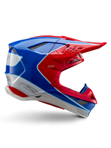 Alpinestars Supertech M10 Aeon Helmet, Motocross Racing Helmet, Bright Red, Blue and White, glossy finish, aerodynamic side profile with multiple mesh-covered air vents, angular contours and peak visor