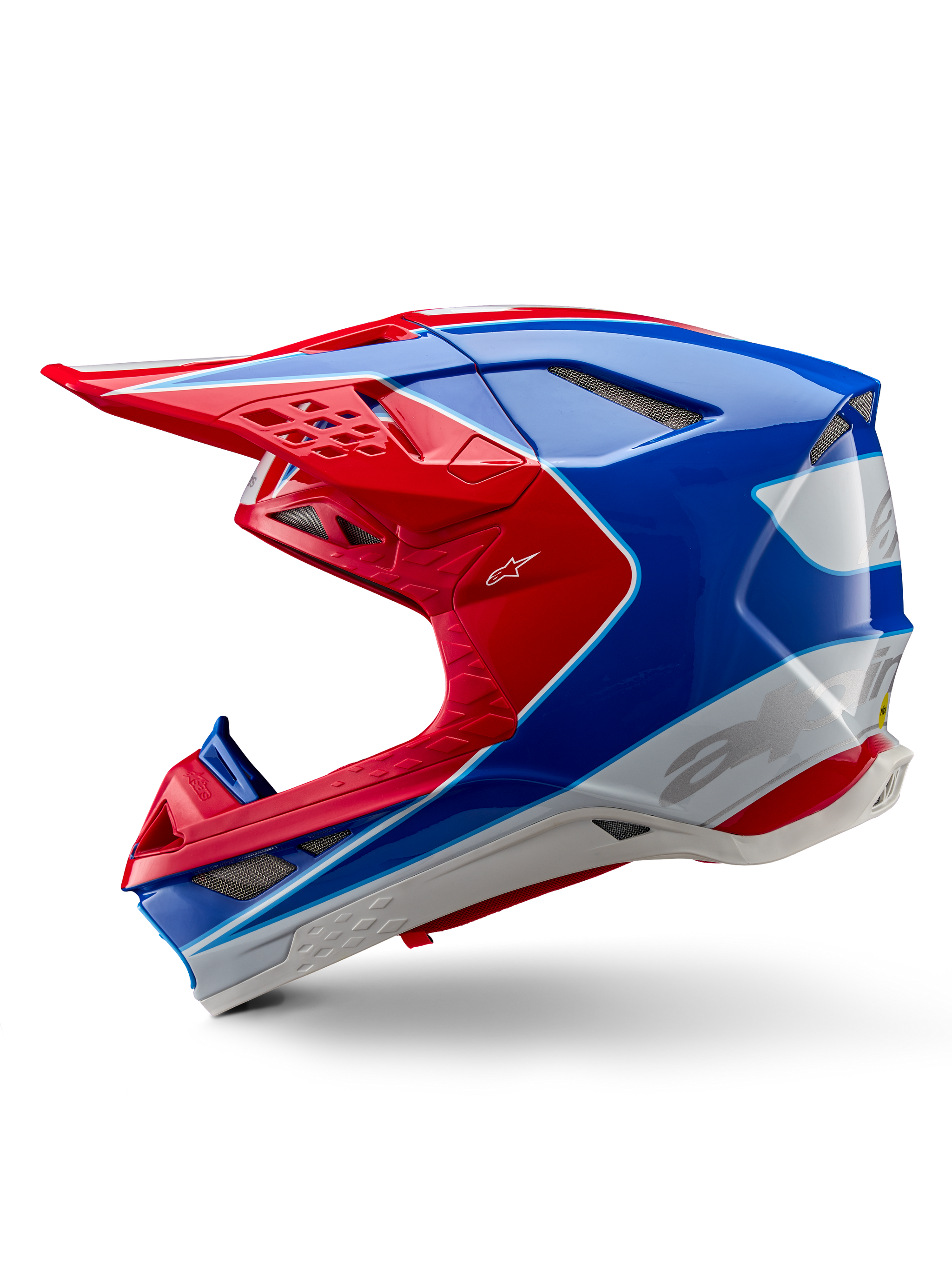 Alpinestars Supertech M10 Aeon ECE 22.06 Helmet, Motocross Helmet, Bright Red Blue Glossy, side profile view, aerodynamic multi-composite shell with integrated ventilation ports and red and blue graphic design, glossy finish for off-road racing