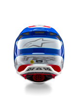 Alpinestars Supertech M10 Aeon ECE 22.06 Helmet, Motocross Helmet, Rear View, Bright Red Blue Glossy finish, large silver Alpinestars logo, multiple ventilation ports, MIPS and ECE safety stickers, professional racing protection
