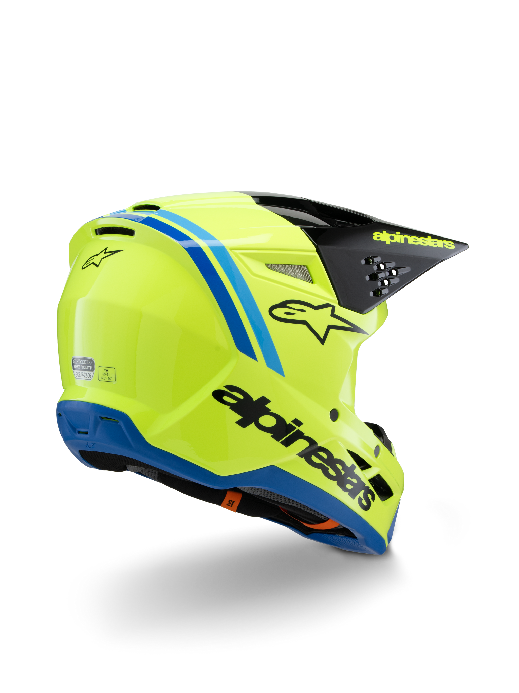 Alpinestars S-M3 Youth Radium Helmet ECE 22.06, Motocross Helmet, Yellow Fluo with Black and Blue accents, rear three-quarter view showing black visor with yellow branding and blue base trim
